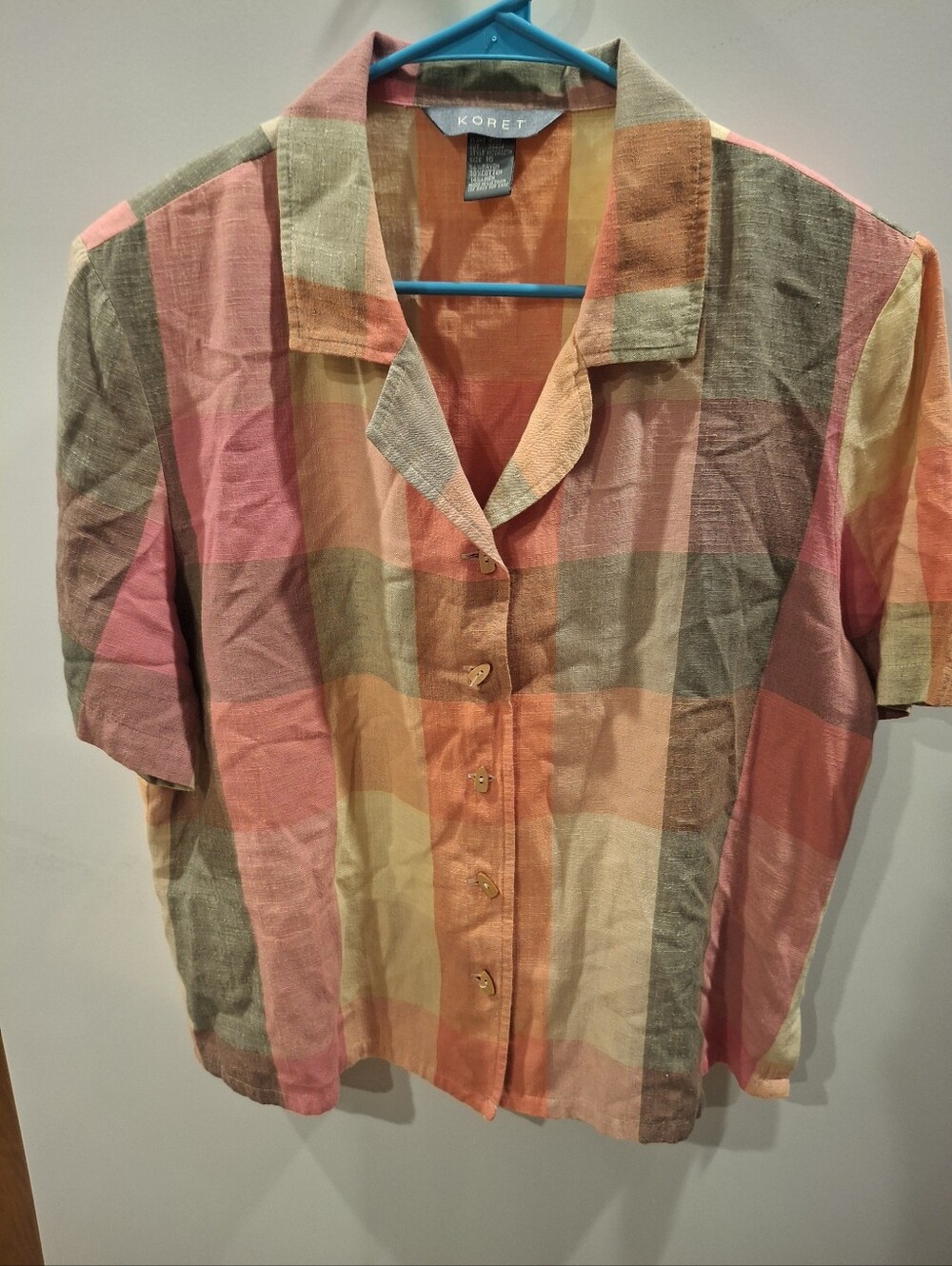 Koret Multicolor Plaid Short Sleeve Button-Front Top - Pink, Orange, Green
